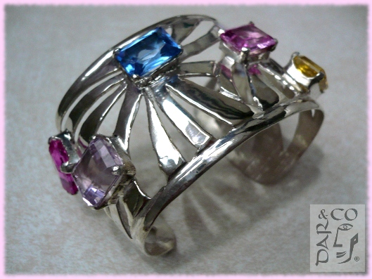 Brazalete Plata 925/Topacio, Agua Marina, Rosa de Francia y Amatistas